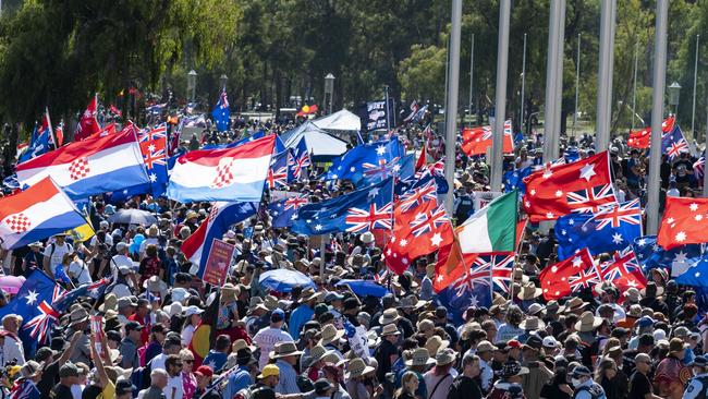 CANBERRA, AUSTRALIA - NewsWire Photos FEBRUARY 12, 2022: Demonstrators against COVID-19 mandates marching to Parliament House, Canberra. Picture : NCA NewsWire / Martin Ollman