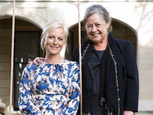 Marta Dusseldorp and Noni Hazlehurst reminisce at The Swifts, Darling Point, on Wednesday at the A Place to Call Home lunch. Picture: Justin Lloyd