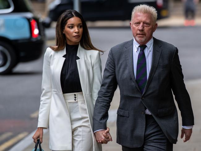 Boris Becker arrives at court for his sentencing hearing alongside his girlfriend Lilian de Carvalho Monteiro at Southwark Crown Court. Picture: Getty Images