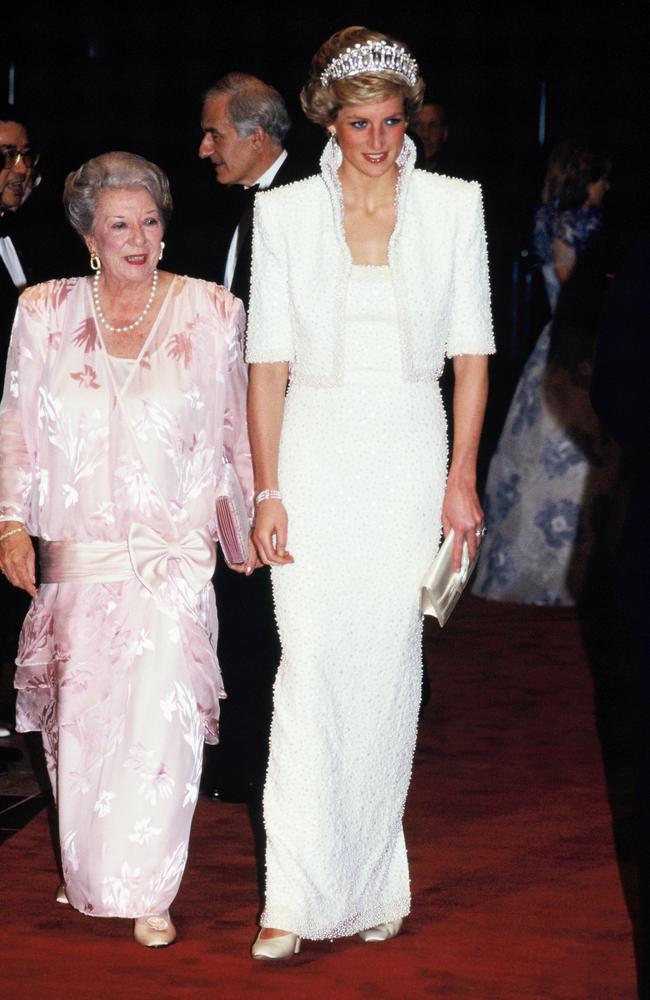 Diana’s Style: 1989 - Dubbed the Elvis dress for its high beaded collar, this Catherine Walker ensemble was in fact inspired by Elizabethan necklines. It was highly controversial in 1989, but remains one of Diana’s most enduring looks. Picture: Getty