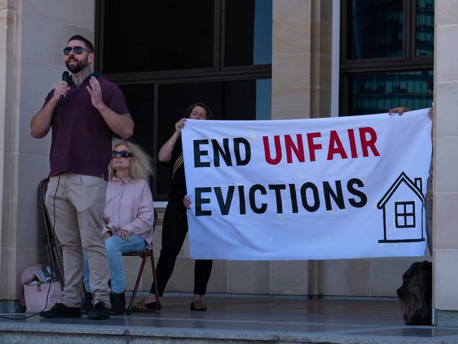 Protestors rally outside the Supreme Court challenge to WA public housing ‘no reason’ evictions policies court case in April, 2024, at the WA Supreme Court, David Malcolm Justice Centre, Perth. Picture: Supplied