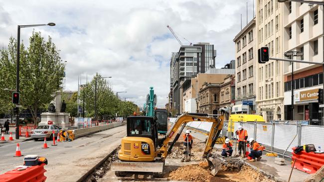 North Terrace roadworks for the extended tram line. AAP/RUSSELL MILLARD