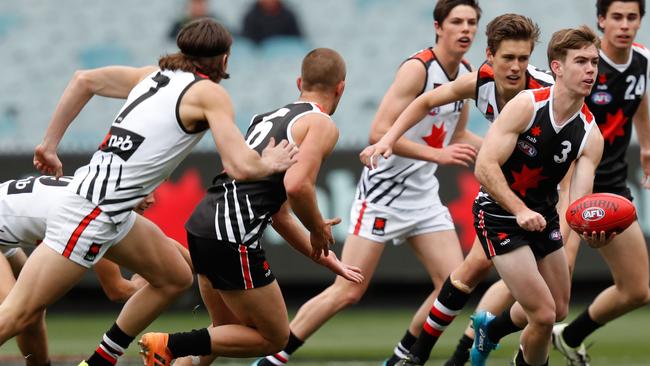 Taj Schofield fires out a handpass during the 2019 All Stars match on grand final day last year. Picture: Darrian Traynor/AFL Photos