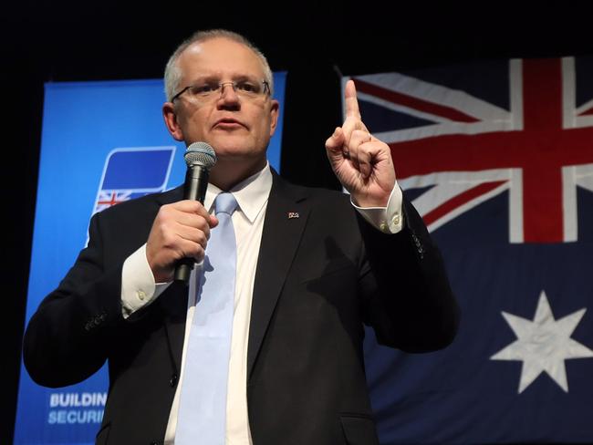 NEWS2019ELECTION 28/4/2019. DAY18/Job1Prime Minister Scott Morrison campaigning at a liberal party campaign rally at in Sydney, with NSW Premier Gladys Berejiklian and former PM John Howard.Picture Gary Ramage