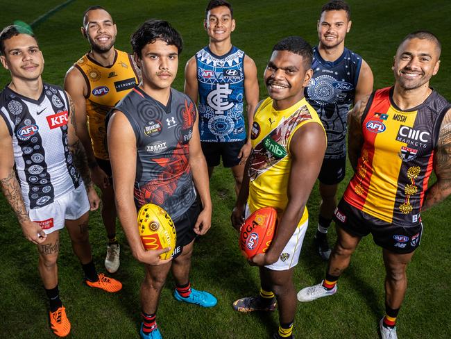 AFLÃs Sir Doug Nicholls Round Launch. Indigenous players (L-R) Bobby Hill, Jarman Impey, Jayden Davey, Jesse Motlop, Maurice Rioli, Brandon Parfitt and Brad Hill. Picture: Jake Nowakowski