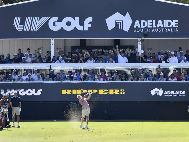 ADELAIDE, AUSTRALIA - APRIL 23: Jed Morgan of the Ripper GC hits an iron off the 12th tee during day three of Liv Golf Adelaide at The Grange Golf Course on April 23, 2023 in Adelaide, Australia. (Photo by Mark Brake/Getty Images)