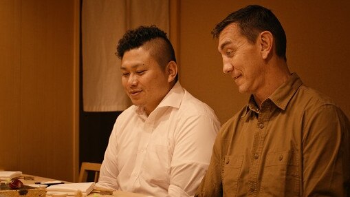 Mat Rogers with rugby fanatic Tomo Setoguchi in Tokyo.