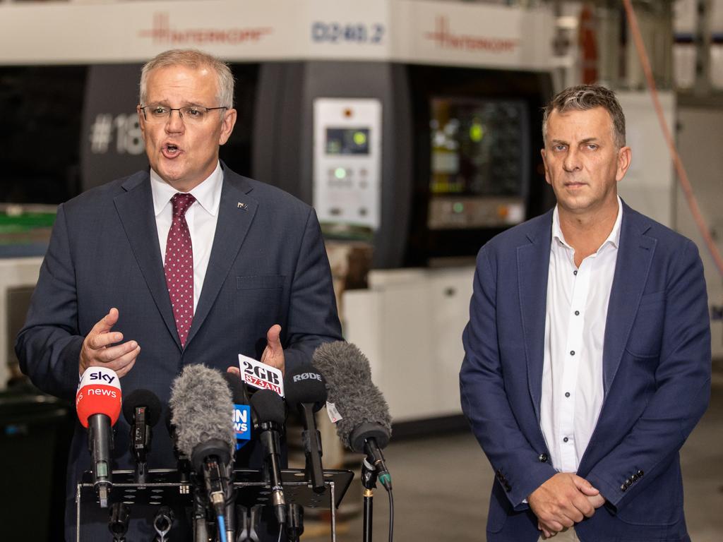 Scott Morrison has kicked off day one of the official election campaign with Gilmore candidate Andrew Constance. Picture: Jason Edwards