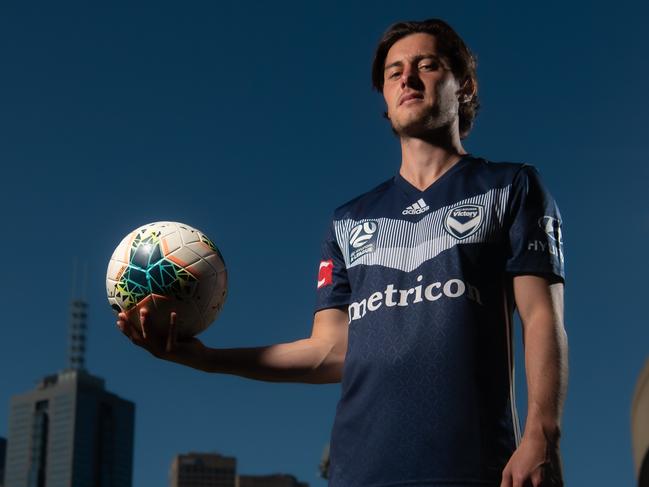 Melbourne CityÕs Jamie Maclaren (not pictured) and Melbourne VictoryÕs Marco Rojas (pictured) on the rooftop of Federation Square overlooking the city  ahead of this Friday nights Melbourne City Football Club V Melbourne Victory.