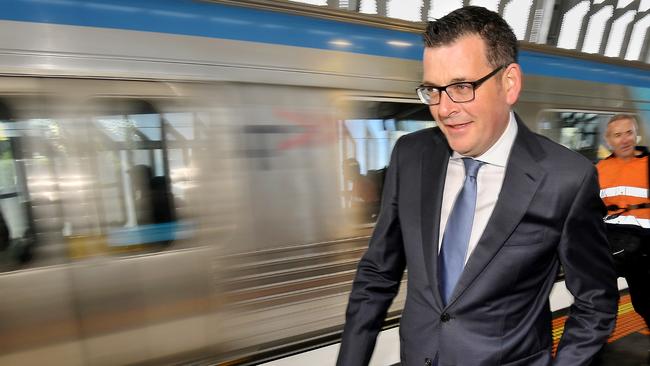 Victorian Premier Daniel Andrews arrives at the new Noble Park skyrail station. Picture: Jason Edwards