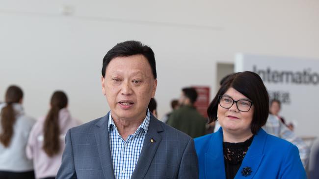 Tourism Minister Zoe Bettison and SA-Vietnam Business Council President Francis Wong OAM at a press conference announcing VietJet Air’s new route from Ho Chi Minh City to Adelaide. Picture: Brett Hartwig