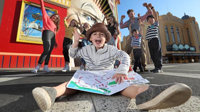St Kilda Arts Alive. Four year old Caspian Kiddle [front] ready to lead the crew on an Art Crawl throughout St Kilda. Picture: Alex Coppel