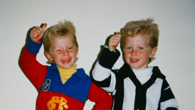 Copypic/Borrow of twins Adam (L) in an old Fitzroy jersey and Troy Selwood in a Collingwood jersey when they were 5yrs. Troy who now plays for the Bris Lions will play against Adam who plays for the West Coast Eagles in their first AFL game against each other on 15/06/2003. sport children