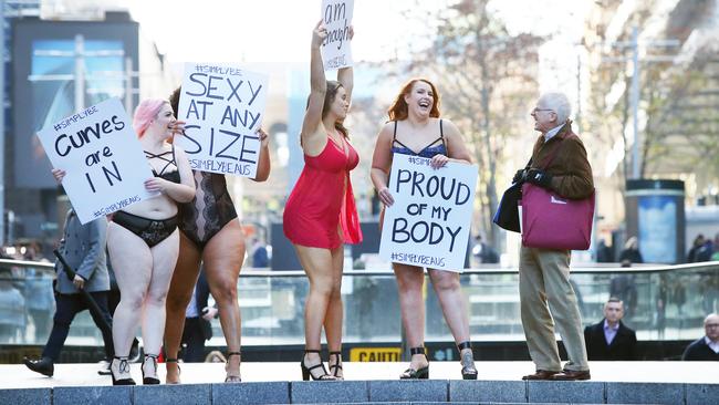 Plus-size models Amy Willows, Shareefa J, Suzie Sevens and Tia Provst promoted curves at Martin Place this morning. Picture: Richard Dobson