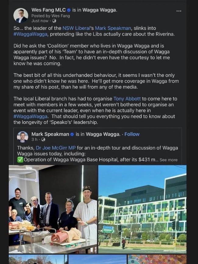 Nationals MP Wes Fang’s since-deleted post slamming Liberal leader Mark Speakman.