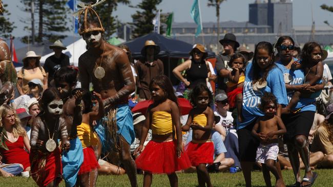 Aboriginal dancers from Woomera and Newcastle perform at the Rising Tide. Picture: Newswire/Dean Sewell.