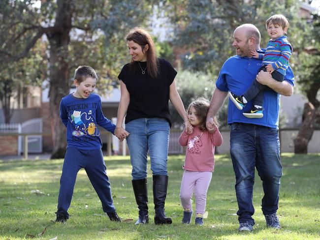 Jacquie and David Wolf from Kingsford with their kids Eitan, Tahlia, 4, and Noah, 1. David Wolf says the childcare policy through the COVID-19 crisis has left services out of pocket and families needing care. Picture: David Swift