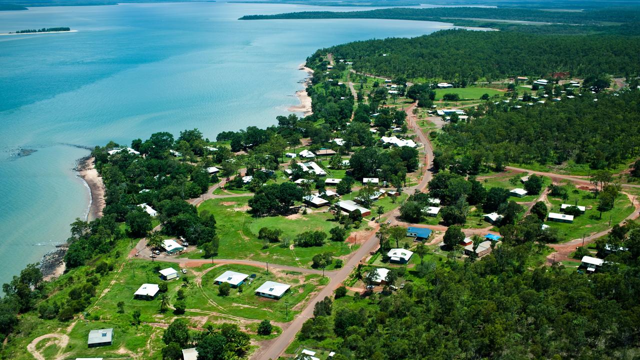 Aerial shot of Milikapiti (Snake Bay) on the Tiwi Islands.