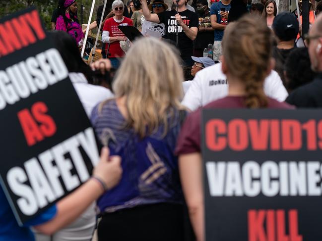 ATLANTA, GA - MARCH 13: People are seen at a protest against masks, vaccines, and vaccine passports outside the headquarters of the Centers for Disease Control (CDC) on March 13, 2021 in Atlanta, Georgia. To date, there has been over 534,000 deaths in the U.S. due to covid-19.   Elijah Nouvelage/Getty Images/AFP == FOR NEWSPAPERS, INTERNET, TELCOS & TELEVISION USE ONLY ==