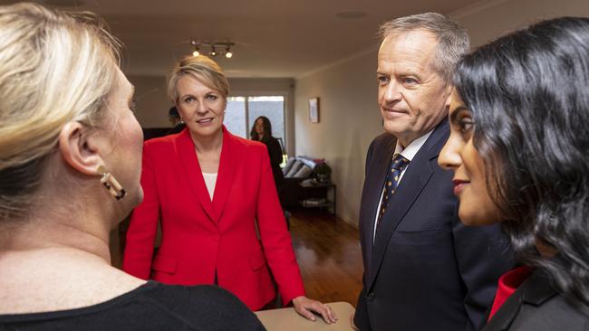 Opposition leader Bill Shorten (second right) and Deputy Leader Tanya Plibersek (second left) and Labor Candidate for Deakin, Shireen Morris (right) speak with Jacqui Davis at her home in Mitcham. Photo: Daniel Pockett