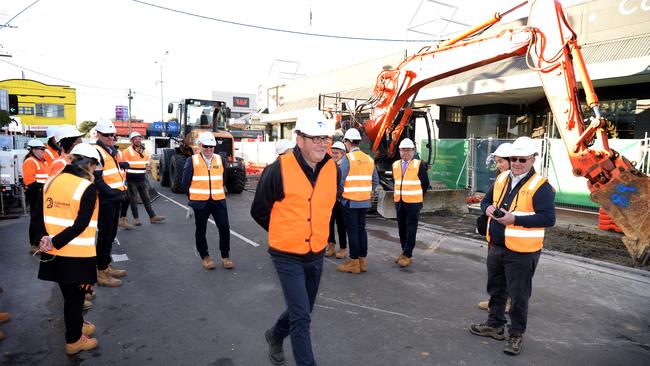 Daniel Andrews meets workers at the site of the suburban rail loop at Clayton. Picture: Andrew Henshaw