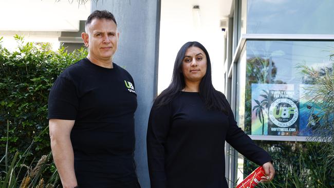 Michael Paps and Tanya Kaur, the co-owners of the U8F Gym in Chipping Norton, are affected by the mosquito plague that has descended on southwest Sydney. Picture: Jonathan Ng