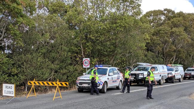 Police roadblock set up on Binna Burra Rd near Beechmont. Picture: Luke Mortimer