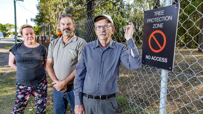 Residents Jennifer Matton and Andrew Scott join B4C catchment manager Wayne Cameron in calling for conservation area not to be used as a precinct for recreational facilities. Picture: AAP/Richard Walker