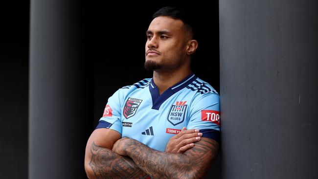 SYDNEY, AUSTRALIA - MAY 19: 15. Spencer Leniu poses during a NSW Blues State of Origin Squad Media Opportunity at NSWRL Centre of Excellence on May 19, 2025 in Sydney, Australia. (Photo by Jason McCawley/Getty Images)