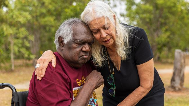 Galarrwuy Yunupingu and Marcia Langton embrace during the Garma Festival. Picture: Tamati Smith/ Getty Images