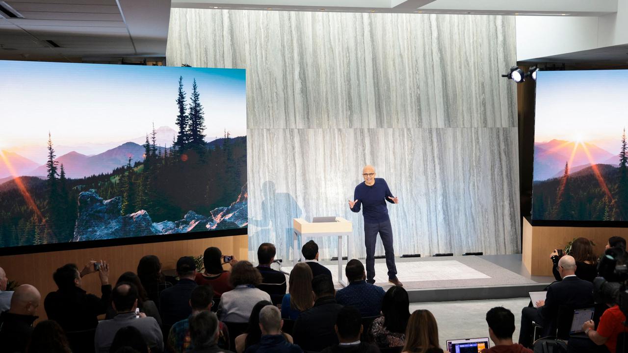 Microsoft CEO Satya Nadella speaks during a keynote address announcing ChatGPT integration for Bing at Microsoft in Redmond, Washington, on February 7. Picture: Jason Redmond / AFP