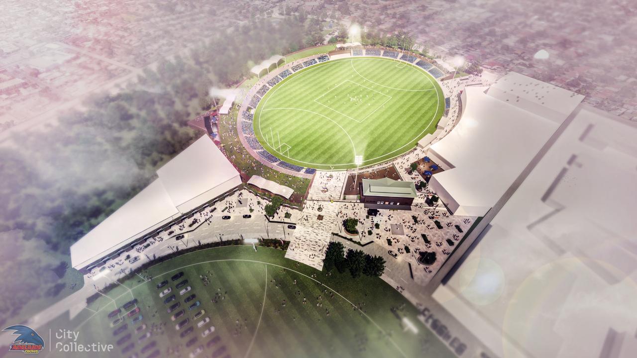 A view from above (artist impression) of the Adelaide Crows new base at Thebarton Oval. Picture: City Collective