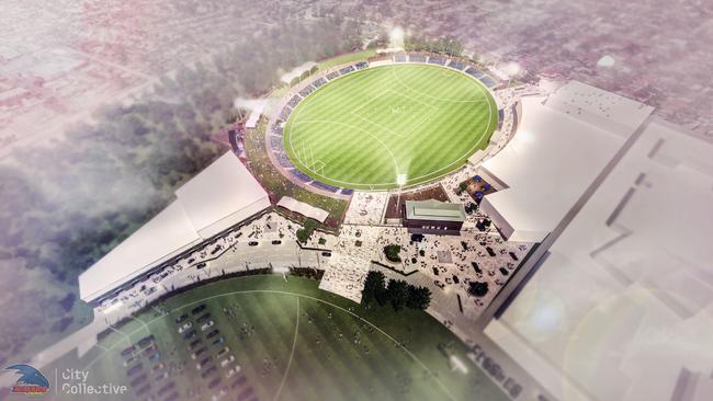 A view from above (artist impression) of the Adelaide Crows new base at Thebarton Oval. Picture: City Collective