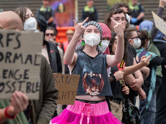 Trans activists showed up seeking to intimidate or silence those taking part in #WomenWillSpeak. Picture: Tony Gough