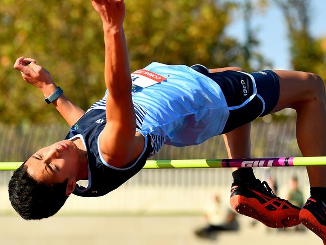 Davin Yap (NSW) competes in the Boys U13 High Jump during the Australian Little Athletics Championships at Lakeside Stadium in Albert Park, Victoria on April 22, 2023.