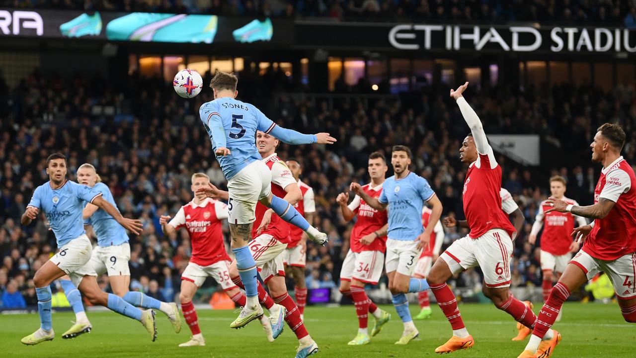 John Stones of Manchester City scores the team's second goal.