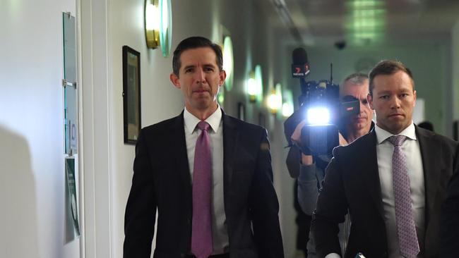 Senator Simon Birmingham departs following a doorstop in the Press Gallery at Parliament House. Picture: Getty