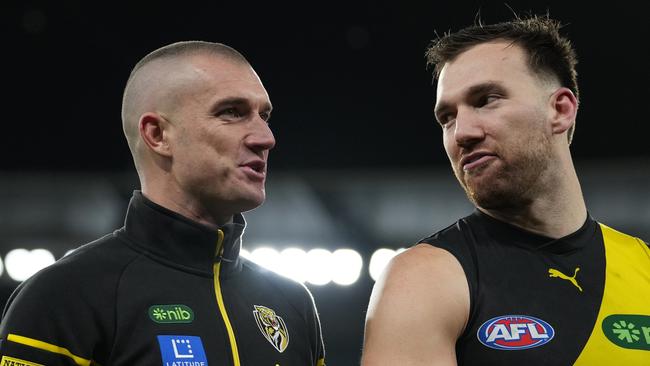 Veteran Richmond administrator Neil Balme believes both Dustin Martin (left) and Liam Baker will remain at the Tigers next season. Picture: Daniel Pockett / Getty Images