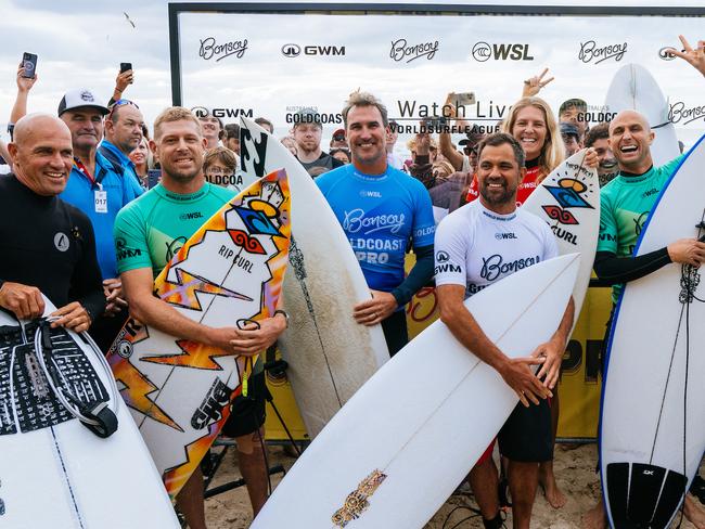 GOLD COAST, QUEENSLAND, AUSTRALIA - MAY 3: (L-R) Eleven-time WSL Champion Kelly Slater of the United States, Three-time WSL Champion Mick Fanning of Australia, WSL Champion Joel Parkinson of Australia, Dean Morrison, Eight-time WSL Champion Stephanie Gilmore of Australia, Paul Fisher and WSL Champion Chelsea Hedges prior to surfing in the Fisher and Friends Freesurf Heat at the Bonsoy Gold Coast Pro on May 3, 2024 at Gold Coast, Queensland, Australia. (Photo by Cait Miers/World Surf League)