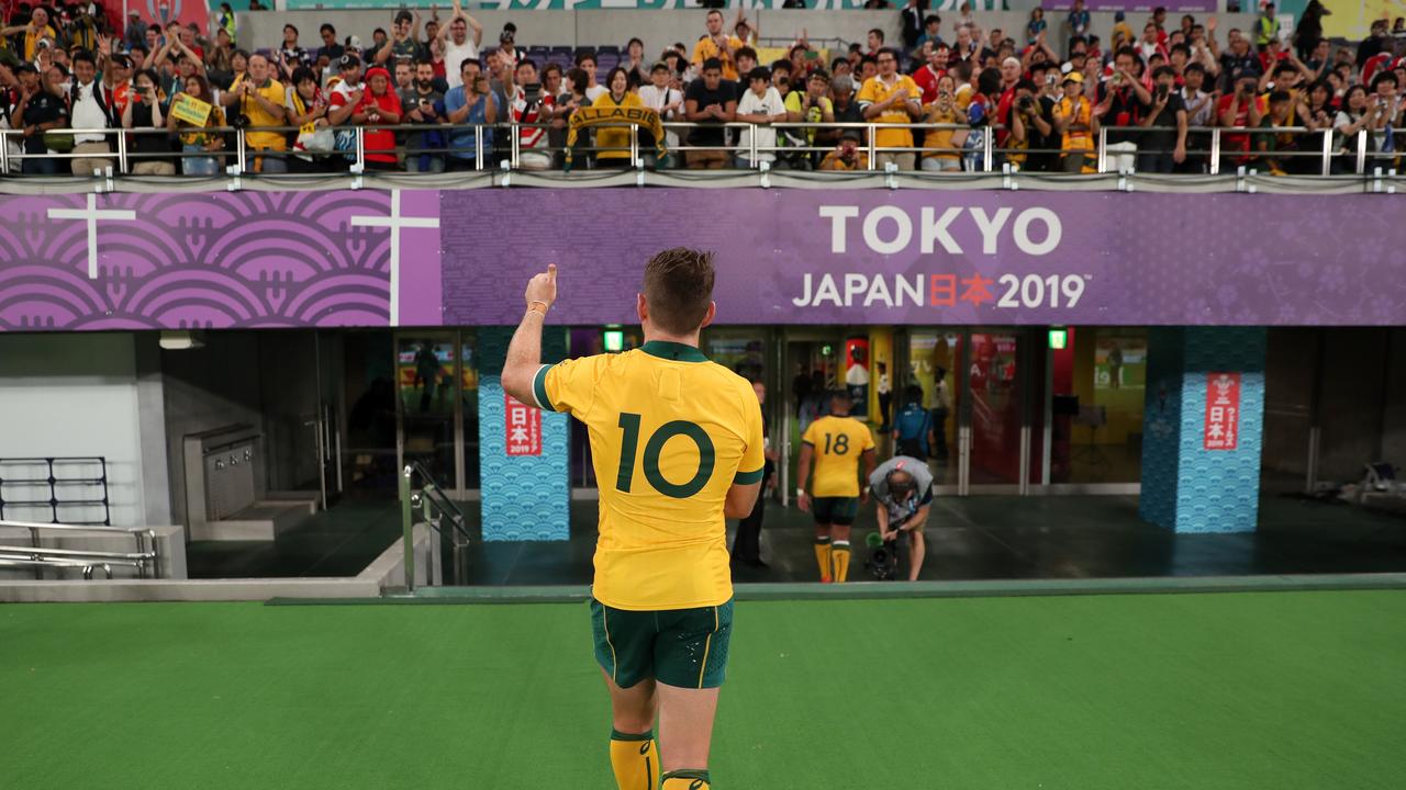Bernard Foley of Australia acknowledges fans as he walks off the pitch following the Rugby World Cup 2019 Group D game between Australia and Wales at Tokyo Stadium on September 29, 2019 in Chofu, Tokyo, Japan. (Photo by Dan Mullan/Getty Images)