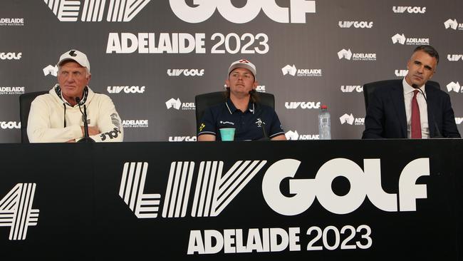 LIV Golf CEO and Commissioner Greg Norman, Ripper GC's Cam Smith and South Australia Premier Peter Malinauskas at The Grange Golf Club. Picture: NCA/NewsWire Emma Brasier