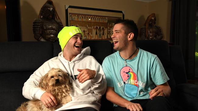 Danny and Michael Philippou with dog Scrappy. Picture: Tricia Watkinson