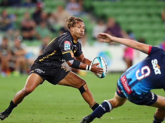 Issak Fines-Leleiwasa of the Force runs with ball during the round two Super Rugby Pacific match between the Melbourne Rebels and the Western Force. Picture: Kelly Defina/Getty Images.