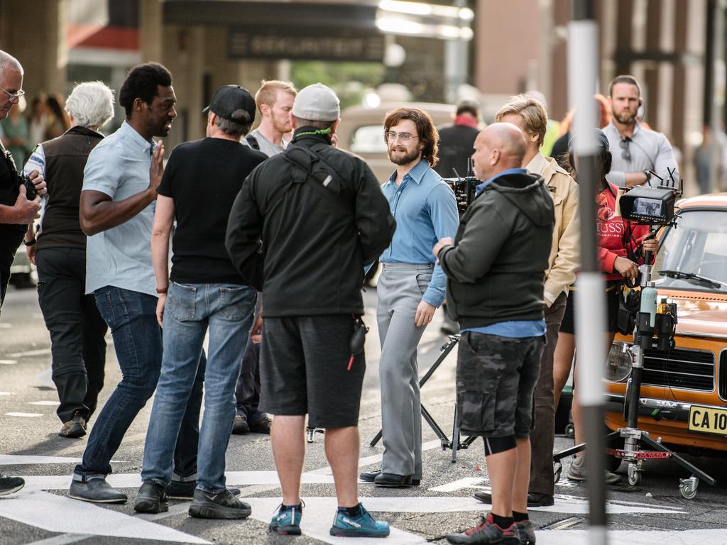 Daniel Radcliffe on set during the filming of “Escape from Pretoria” in Pirie St, Adelaide. Picture: Morgan Sette/The Advertiser