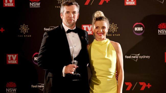 Patrick Brammall and Harriet Dyer with award for Most Outstanding Comedy series that their show won at the 63rd Logies in Sydney on Sunday night. Picture: Damian Shaw