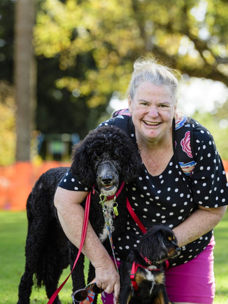 Kylie Kenny with Blossom (left) and Alfie at the Million Paws Walk in Queens Park, Sunday, May 25, 2025. Picture: Kevin Farmer