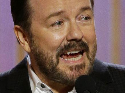 In this image released by NBC, host Ricky Gervais speaks at the 73rd Annual Golden Globe Awards at the Beverly Hilton Hotel in Beverly Hills, Calif., on Sunday, Jan. 10, 2016 -- (Paul Drinkwater/NBC via AP)