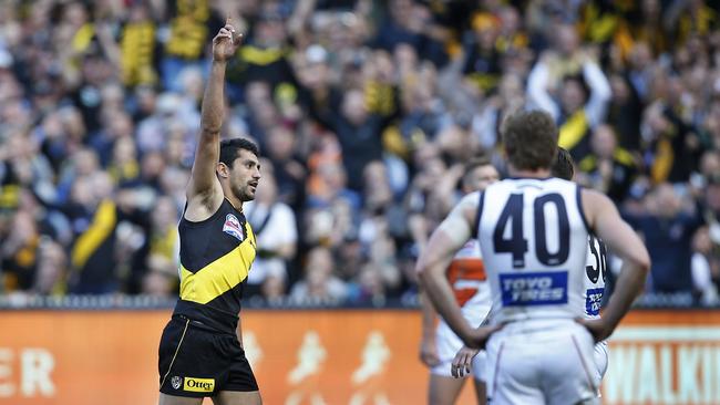 Marlion Pickett celebrates his first career goal in last year’s grand final. Picture: David Caird