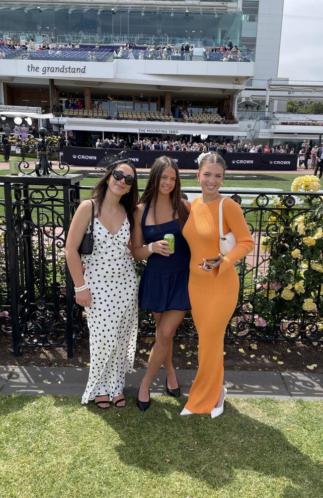 Bridget, Tahlea and Nicole at the 2024 Crown Oaks Day, held at Flemington Racecourse. Picture: Gemma Scerri