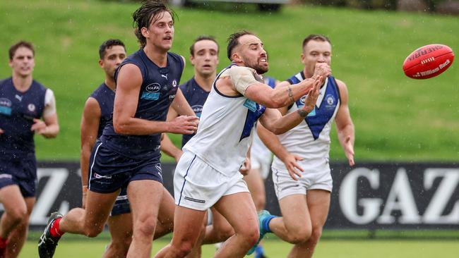 Old Melburnians v University Blues at Elsternwick Park Oval, Brighton, Melbourne, April 15th 2023.  University Blues no 5 Picture : George Sal